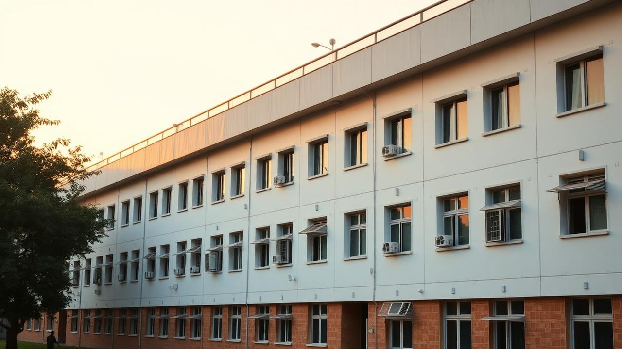 Modern, well-organized worker accommodation building at golden hour