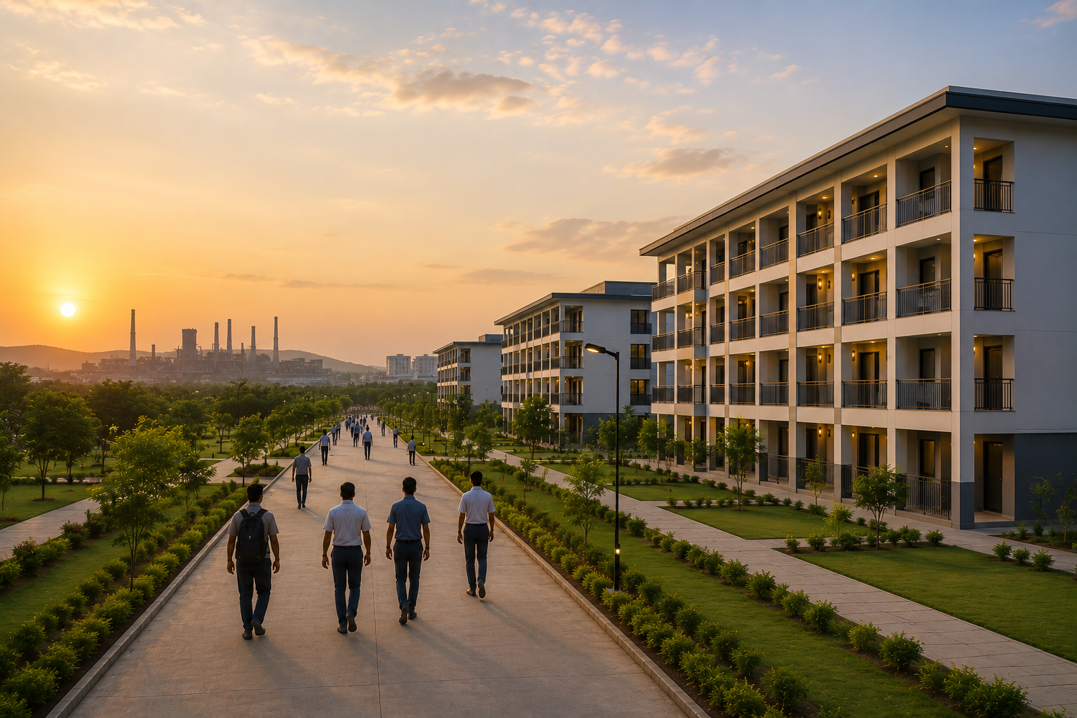 Site Adjacent Factory Employee accommodation campus near an Indian industrial park at sunset