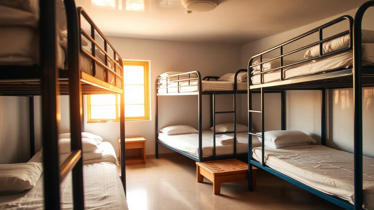 Clean, well-organized worker dormitory with neatly made beds